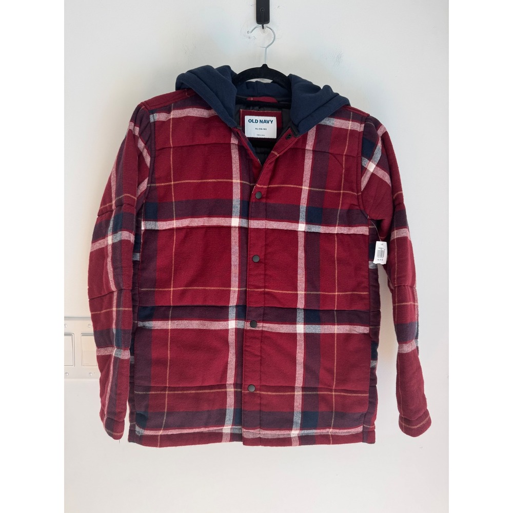 Old Navy Kids Red Plaid Hooded Puffer Jacket Coat XL 14-16 NEW